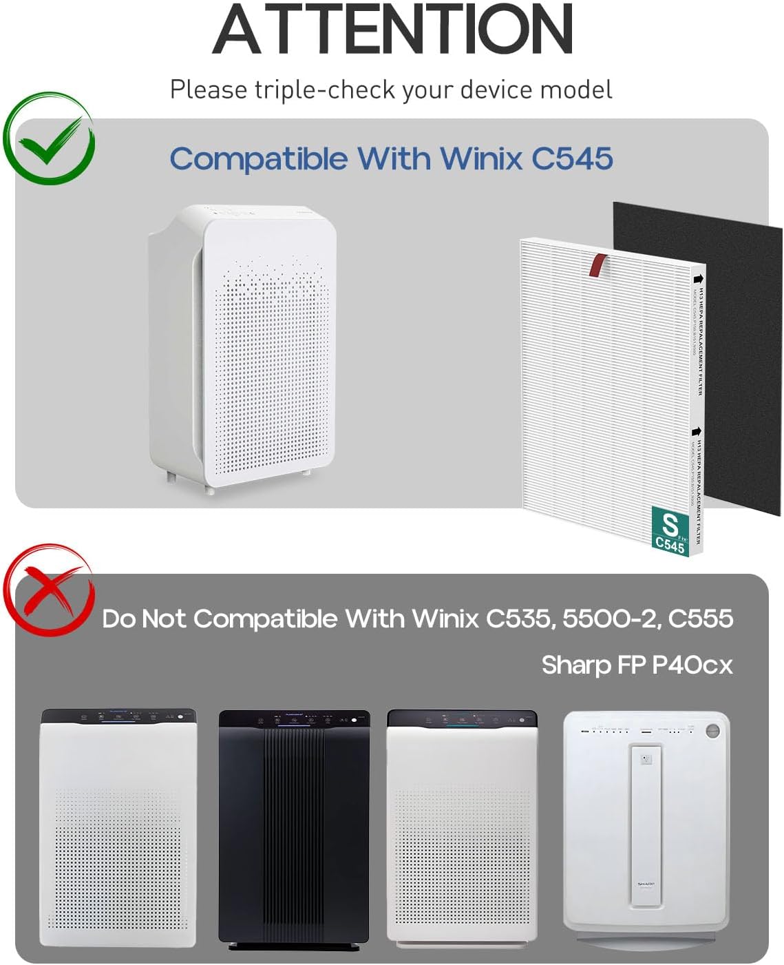C545 H13 HEPA Replacement Filter S Compatible with Winix C545 Air Purifi-er, Replaces Parts 1712-0096-00 and 2522-0058-00, 4 HEPA Filter S and 8 Activated Carbon Filters