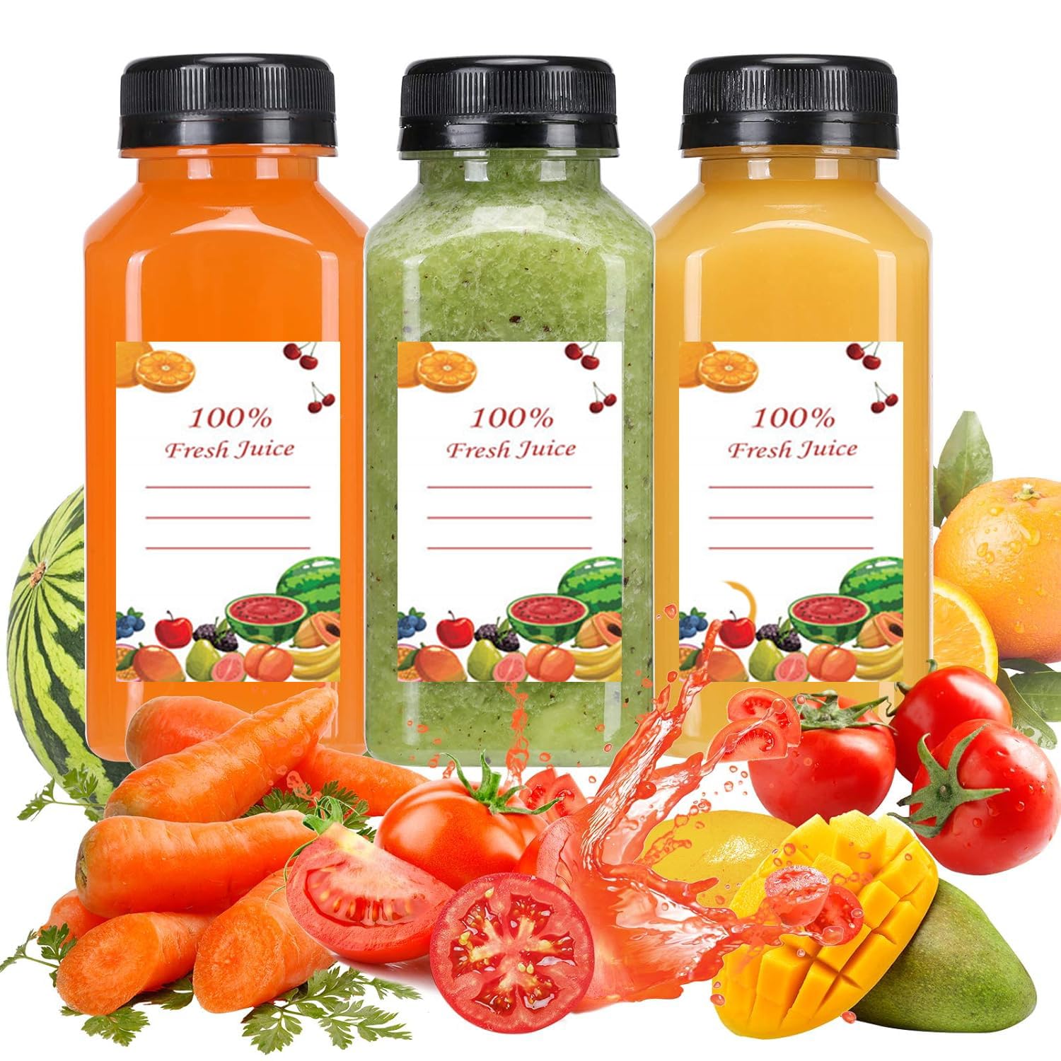 Lot de 20 bouteilles d'eau vides réutilisables en plastique avec bouchons, 240 ml, avec couvercles noirs inviolables pour jus, smoothie, lait (240 ml)