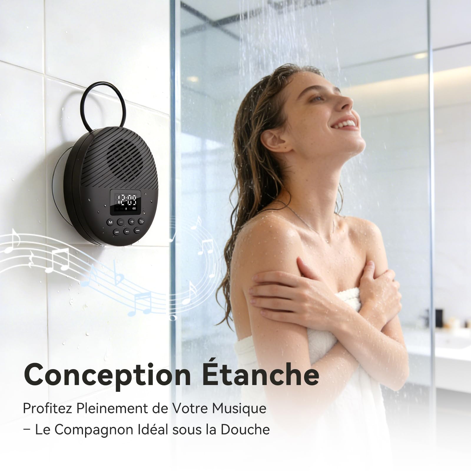 AGPTEK Enceinte Douche Bluetooth 5.4 Portable, Radio de Douche Haut-Parleur Etanche IPX5 avec Ventouse et Lanière, Ecran LCD, Basse HD, 12H Lecture, Appels Mains Libres sans Fil pour Salle de Bain