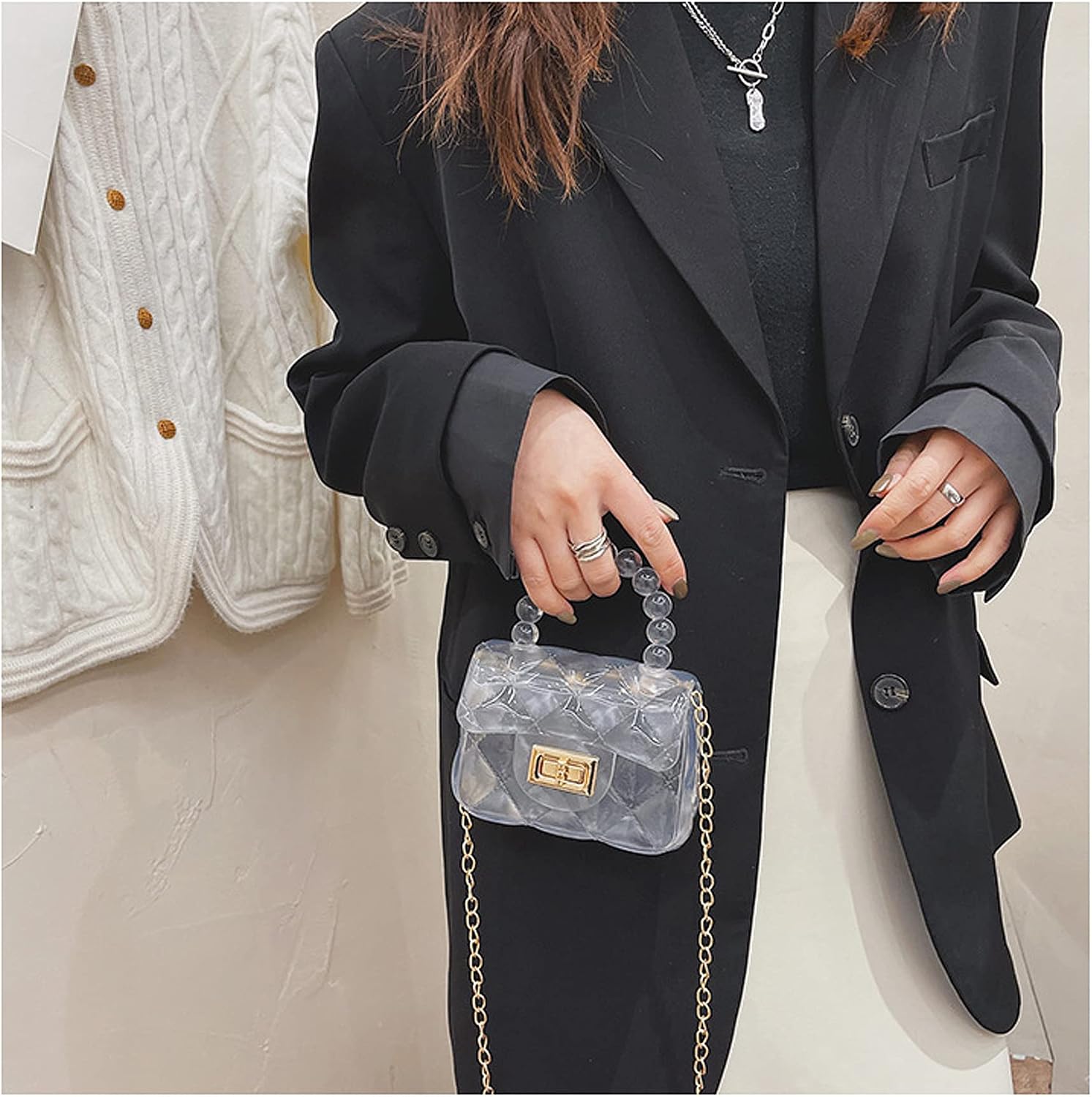 BOLLEY JOSS Elegant Mini Purse for Little Girls Cute Handbags with Pearls Beads Handle Glitter Clear Crossbody Bag image 3