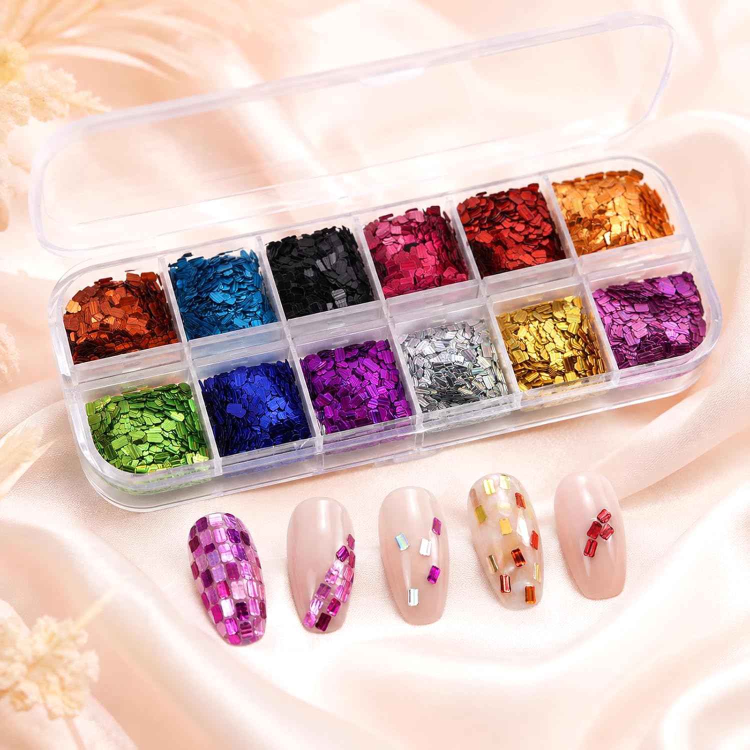 Holographic Square Nail Sequins, 12 Colors Sparkly 3D Glitter Flakes