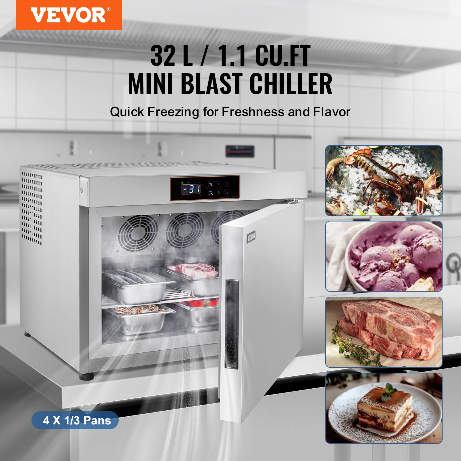 VEVOR DF-ME32LB 32L 4 Trays Commercial Freezers Flash,<-31~68°F> Mini Countertop Shock Frozen for Home, 360° Fan Cooling Batch Freeze, 304 Stainless Steel Blast Chiller for Seafood, Ice Cream