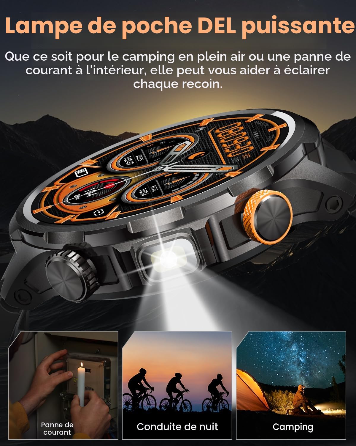 Montre Connectée Homme 1000mAh/5ATM Étanche/LED Lampe, 1.91" AMOLED Militaire Smartwatch Homme Appel Bluetooth, 113 Modes Sportifs, 24H Sommeil/Fréquence Cardiaque/Podomètre 2 Sangles Android iOS Noir