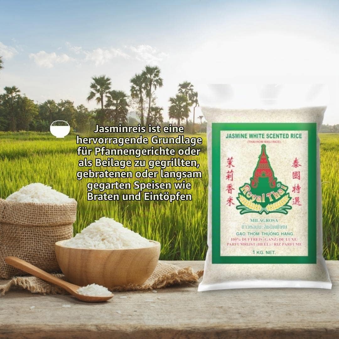 Royal Thai Rice Jasmin Duftreis Langkorn 18 kg – Premium Qualität aus Thailand, 100% Naturreis | Ideal für Wok-Gerichte, asiatische Küche & Beilagen mit Kajal Sticker