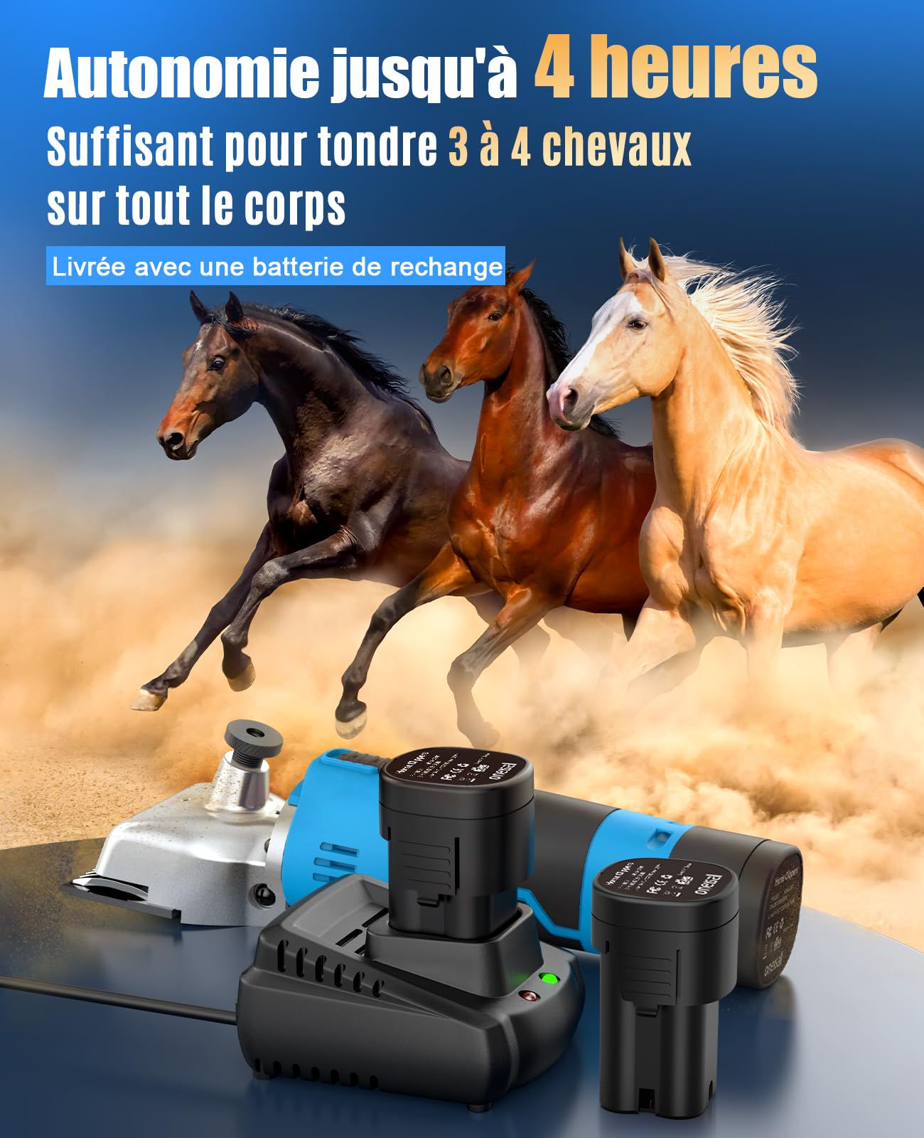 oneisall tondeuse cheval 2 batteries, tondeuse professionnelle pour cheveux épais et emmêlés, sans fil pour chevaux avec moteur puissant de 2400 PRM/MIN, pour tous les poils du corps (Bleu)