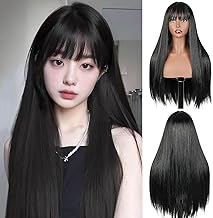 Black Hair Wig with Bangs for Women – 32 inch Long Straight Synthetic Full Head Wig – Heat-Resistant, Natural Look, Soft & Lightweight – Cosplay, Party
