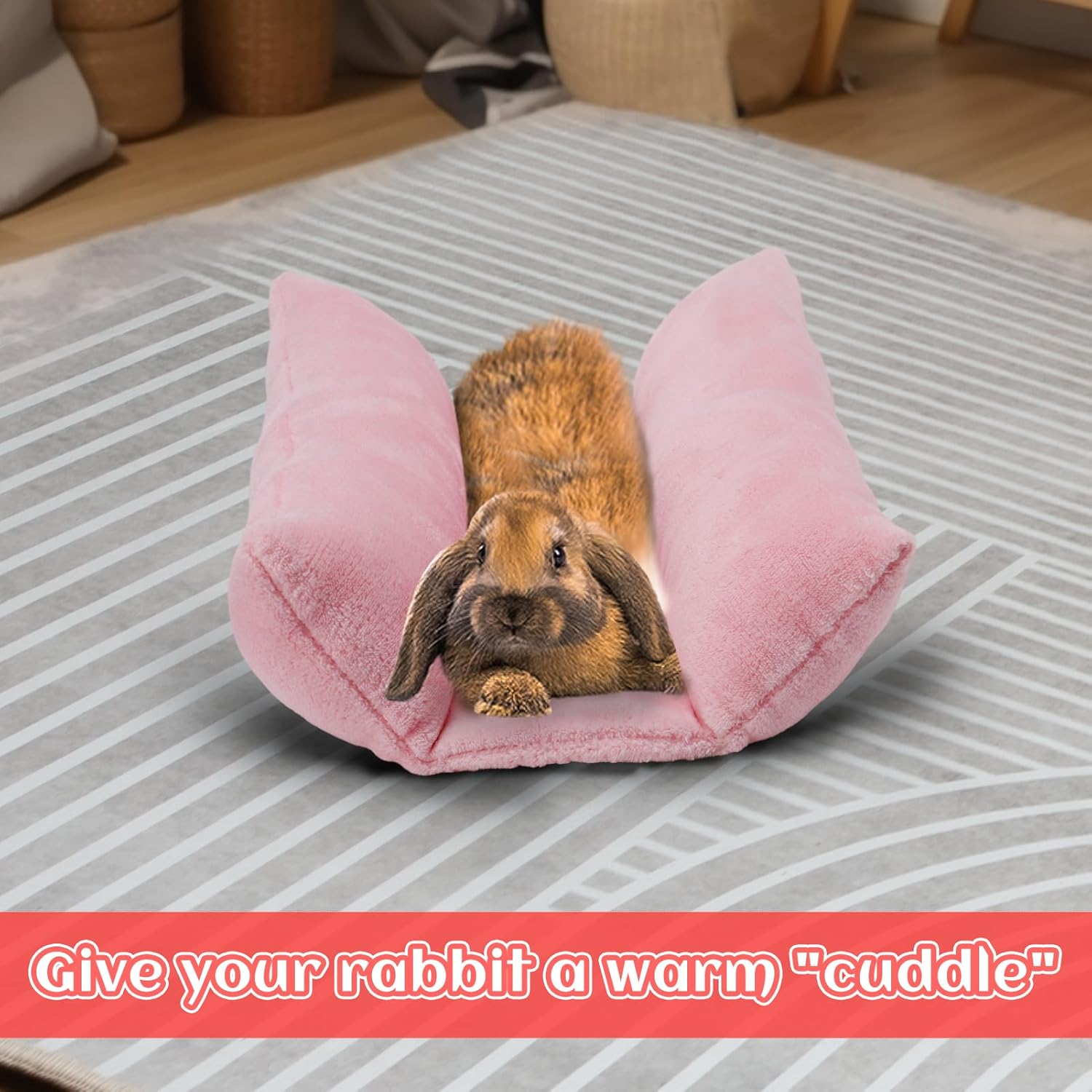 MEWTOGO 14" x 13" Bunny Bed for Rabbit Cage - Thickened Soft Prevent Sore Hocks Plush Mat with Cotton Lounger Pillows, Small Animal Flop Mat for Hutch Sleeping Indoor, Pink thumbnail