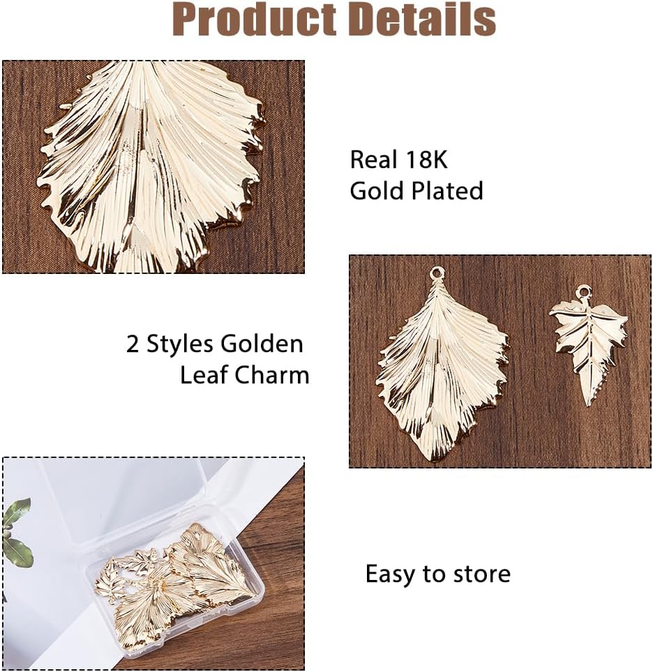 12PCS 18K Gold Plated Leaf Charms 2 Styles Gold Metal 3D Brass Leaves Pendants Charms for Jewelry Making Necklace Earring Craft Supplies with 1-1.2mm Holes - Image 4