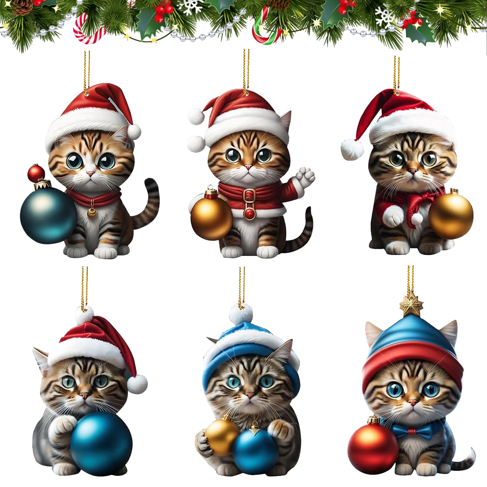 Adornos árbol Navidad Gatos, 6 Pcs Colgante de Árbol de Navidad, Colgante Navidad Gato, Decoracion Navidad Gatos para Colgantes de Decoración de árboles de Navidad
