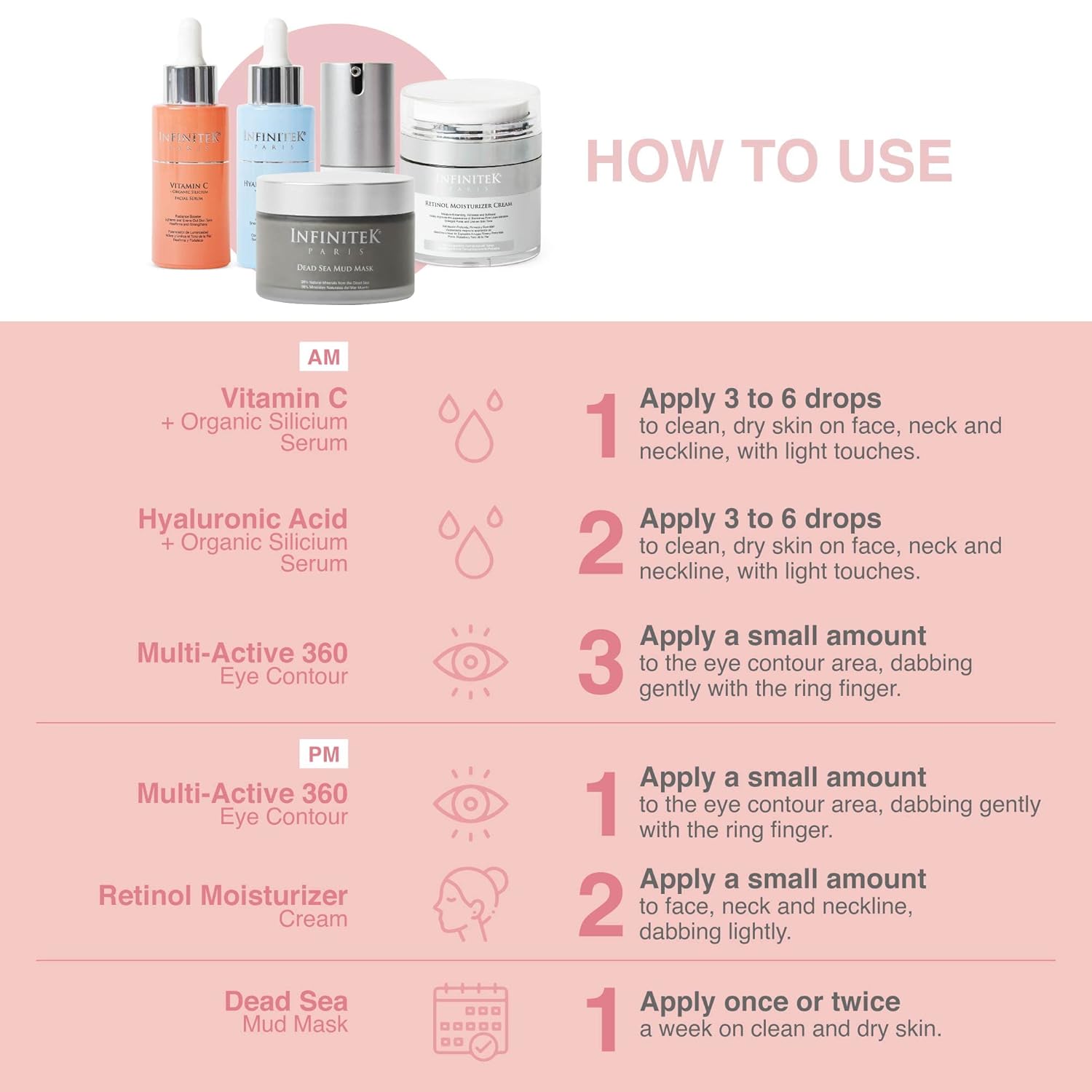 Infinitek® Paris, Facial Kit (Vitamin C, Hyaluronic Acid, Collagen Eye Cream and Retinol Face Night Cream) + Dead Sea Mud Mask
