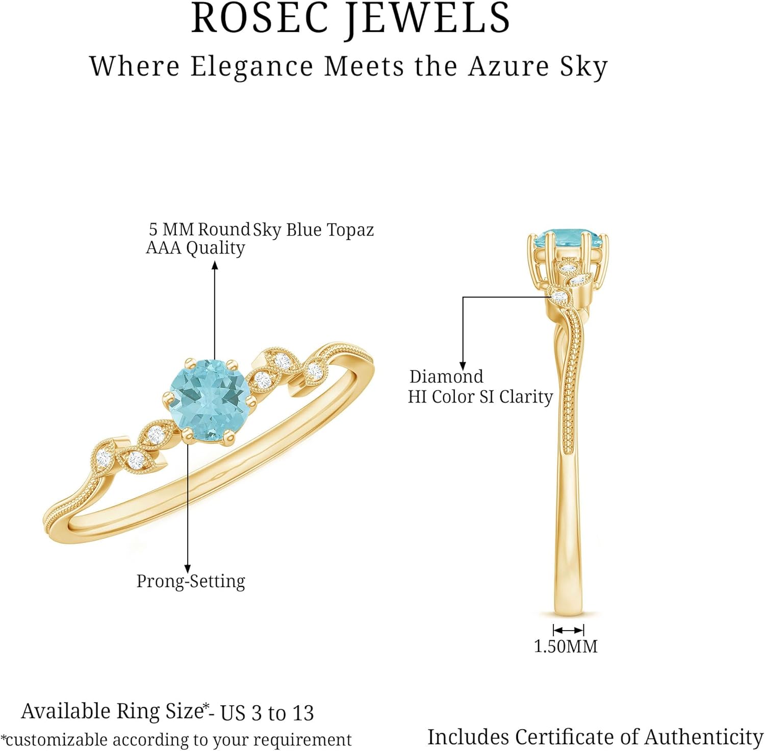 Certified Natural Sky Blue Topaz Promise Ring, AAA Quality, Blue Topaz Diamond Minimal Ring (Ready to Gift)