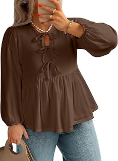 Womens Plus Size Tops Fall Fashion Bow Tie Front Puff Sleeve Crewneck Babydoll Peplum Blouses Shirt L-4XL