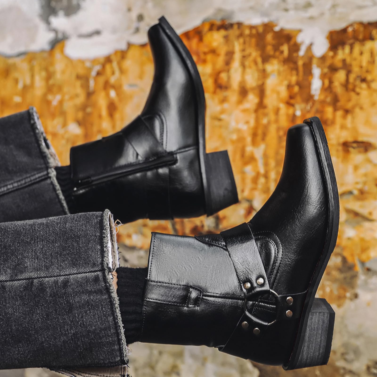 Herren Western Cowboy Stiefel Knöchelhoch Braun Motorrad-Harness-Stiefel Mit Blockabsatz Zum Hineinschlüpfen Chukka-Boots