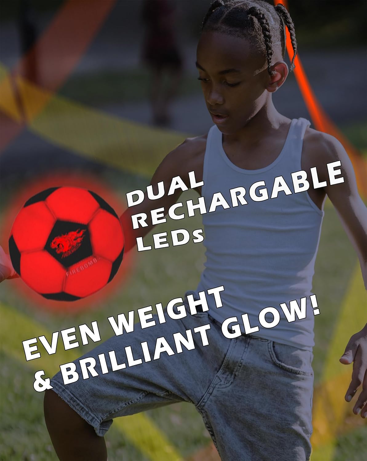 FIREBOMB™ LED Glowing SoccerBomb™ Soccer Ball - Rechargeable Light-Up Soccer Ball for Nighttime Fun, Laminated Leather Size 5, Orange & Black Sports Ball for All Ages