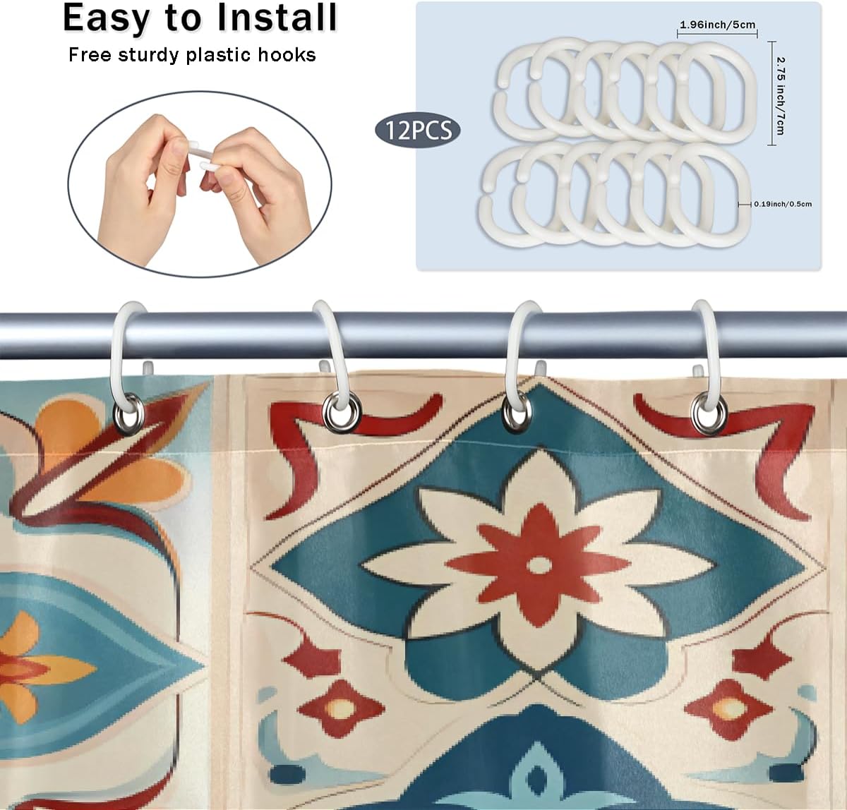 Bohemian Ethnic Flower Waterproof Fabric Shower Curtain with Grommets and Hooks, Fast-Drying Privacy-Protecting Decorative Bathroom Curtain 72 x 72 in