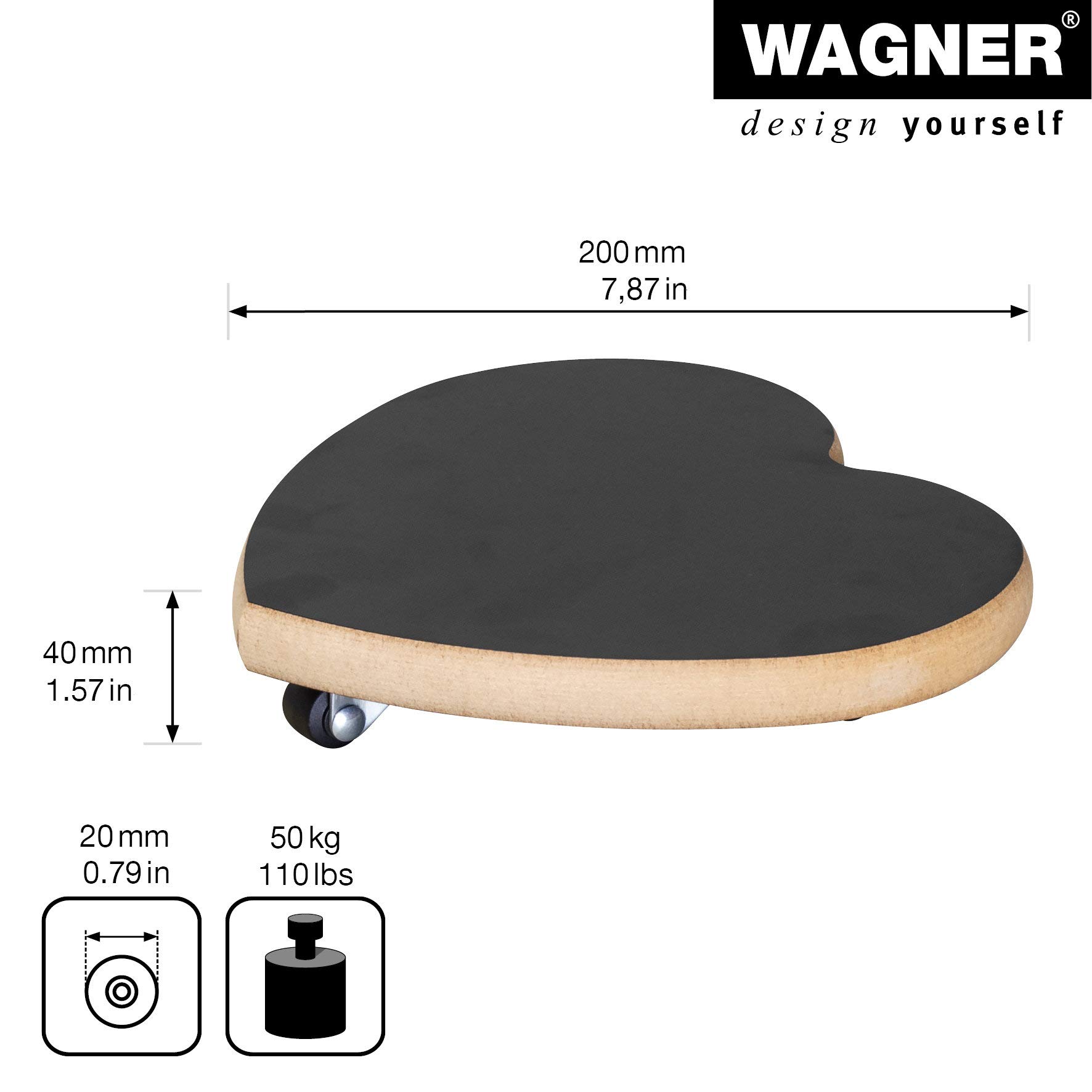 WAGNER Plant trolley BLACK HEART diameter 20 x 4 cm I Flower trolley for indoor use I MDF with black melamine-coating I Container trolley made of wood I Load capacity 100 kg I Made in EU - Image 3