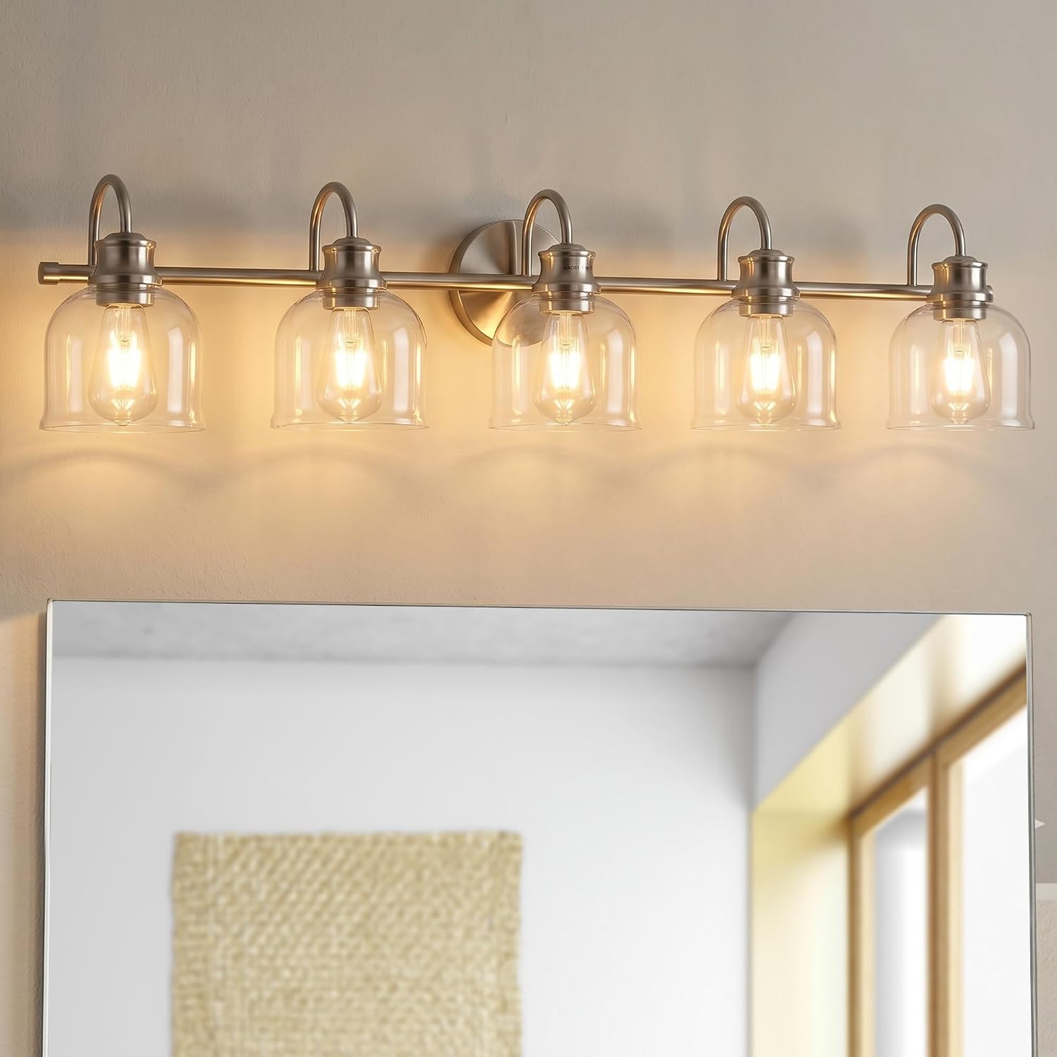 URSOLA 5 Lights 40" Bathroom Vanity Light Fixtures, Brushed Nickel Traditional Classic Vanity Light with Clear Glass, Bathroom Lighting Fixtures Over Mirror
