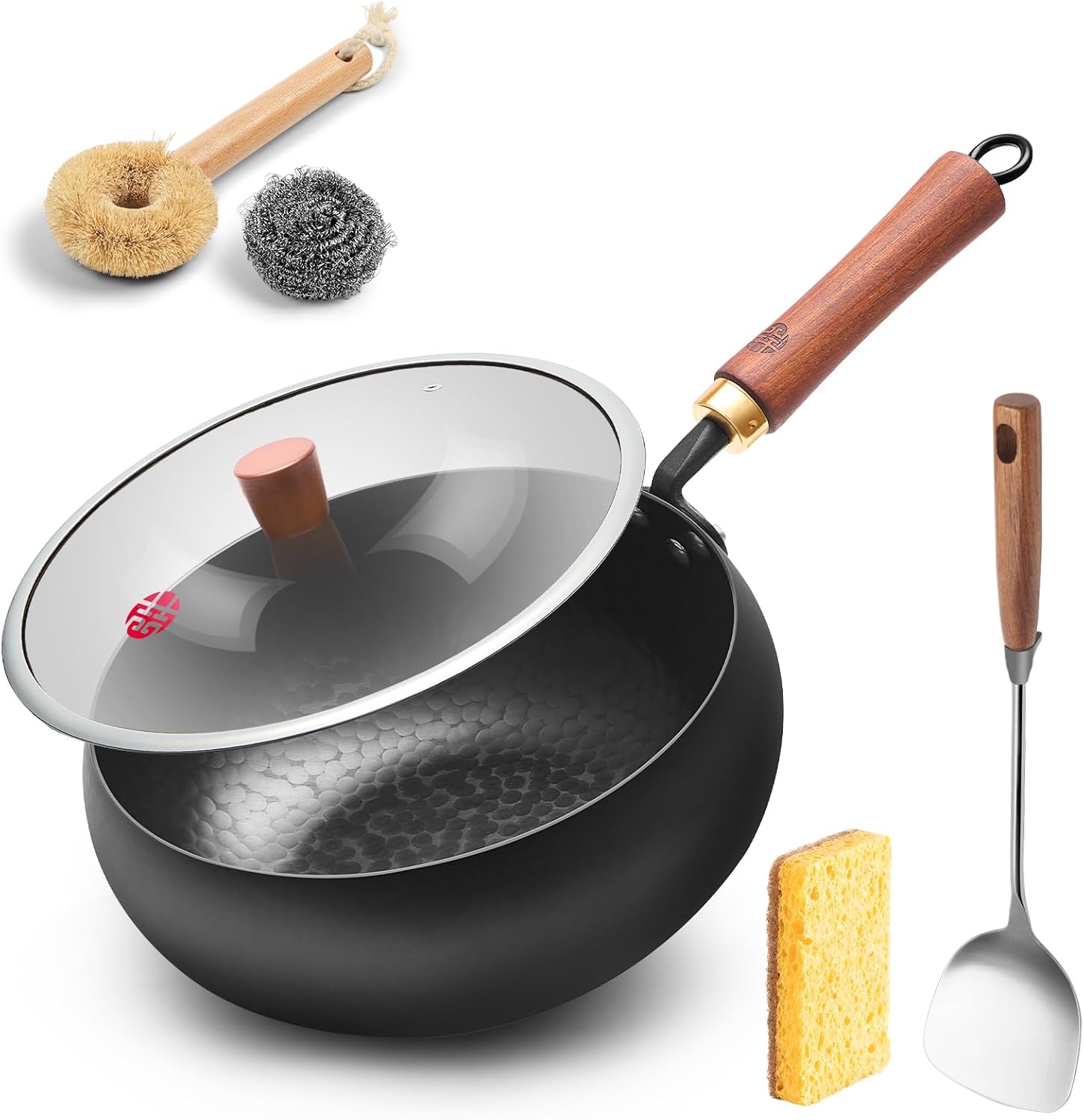 WANGYUANJI 9.5-Inch Iron Wok Pan with Lid & Spatula, Deep Flat-Bottom Stir Fry, Uncoated & Unseasoned, Induction Compatible, Upgraded Wooden Handle black-9.5inch 9.5"wok