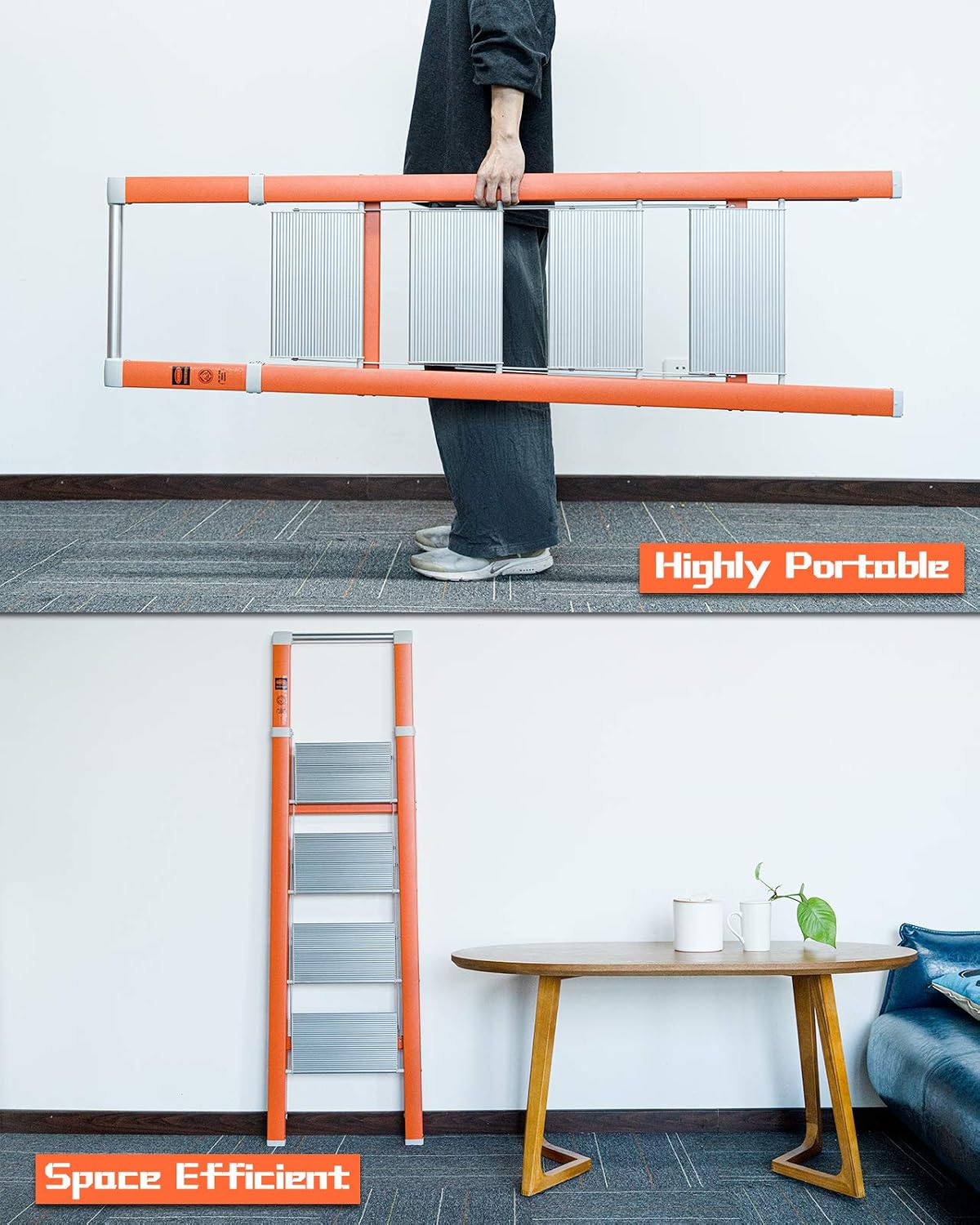 MECHREVO 4 Step Ladder Aluminum Folding Step Stool，5 Foot Stable Closet Ladder for Bedroom Closet,Home or Kitchen,Portable Lightweight Stepladder with Handgrip -Orange