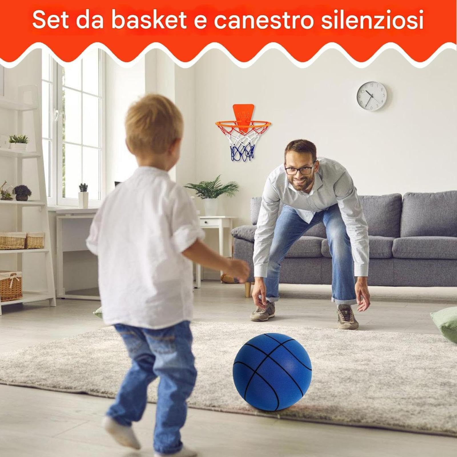Palla da Basket Silenziosa con Canestro, Pallacanestro Silenzioso al Coperto per Bambini, Canestro da Basket Silenzioso Set per Palestra Domestica, Appartamento, Montaggio su Porta o Parete