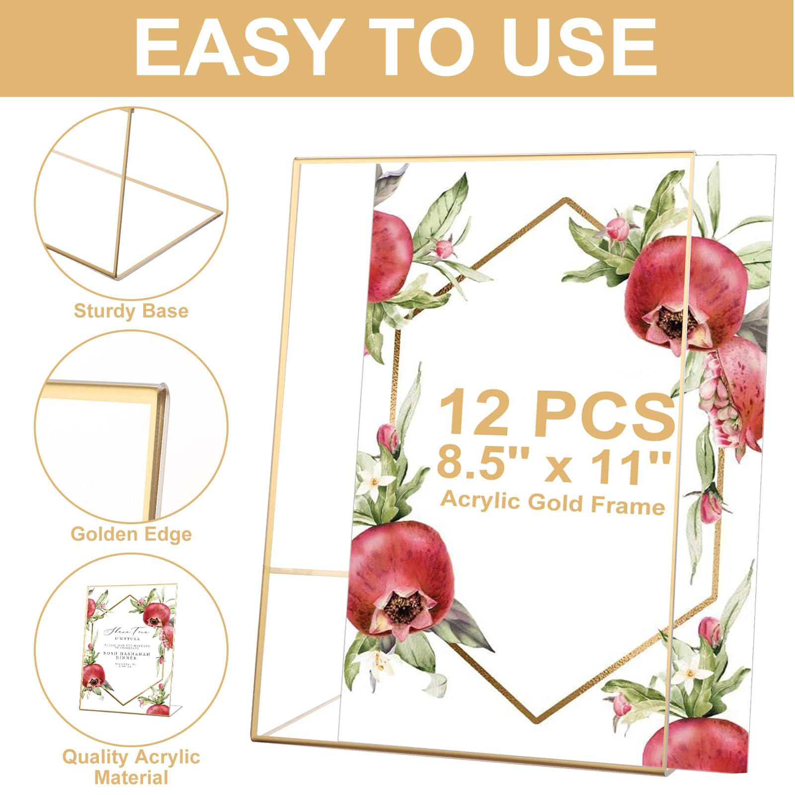 DAJAVE Paquete de 12 soportes acrílicos para menús de 8.5 x 11 pulgadas, soportes dorados para letreros de mesa, soporte de menú pequeño para bodas, carteles de restaurante