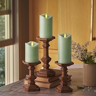 Matchless Candle Co. by Luminara Set of 3 (3" x 4.5",5.5",6.5") Flameless LED Flickering Battery Candle Moving Flame Pillar, Melted Edge, Real Wax Smooth Finish (Pastel Green)