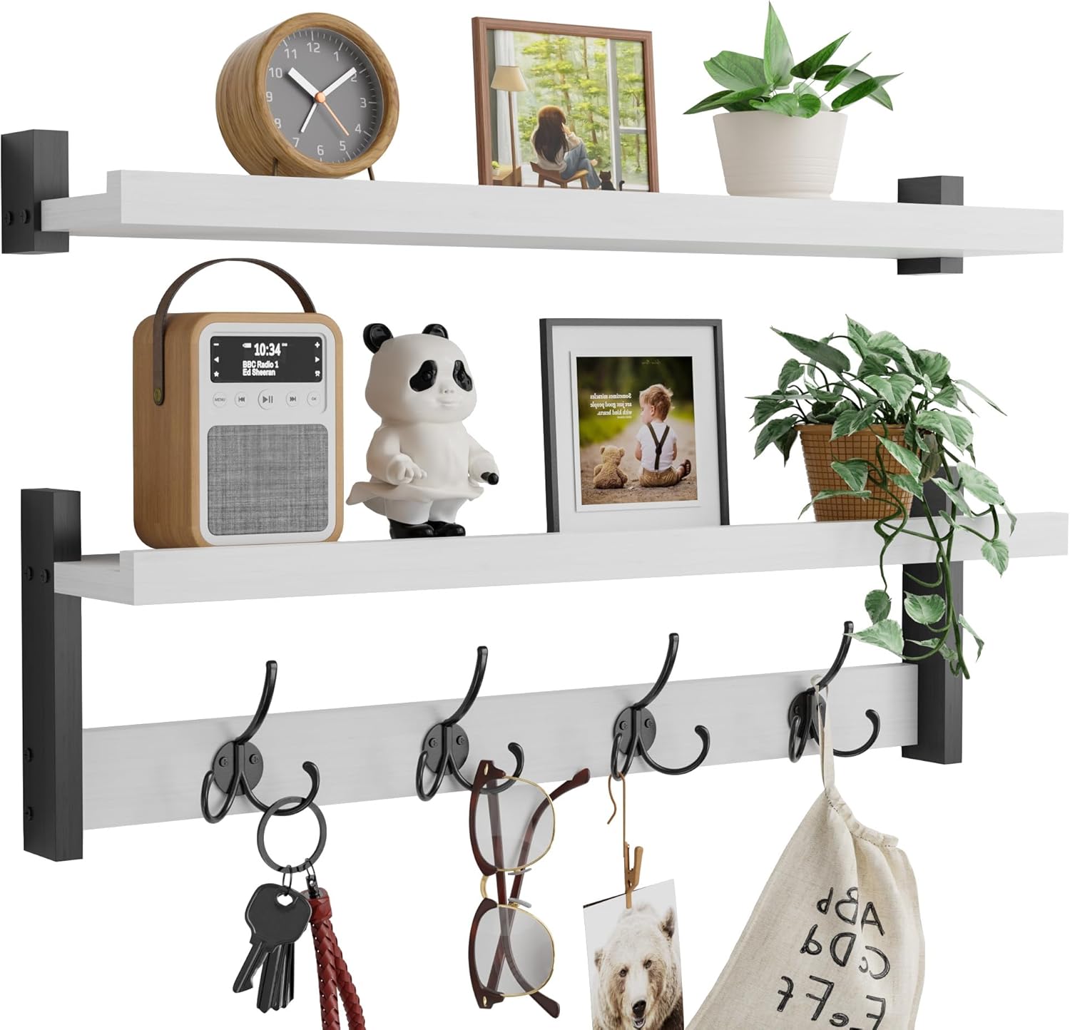 LUPWNEKA 2Tier Wall Hooks with Shelves, White Wood Coat