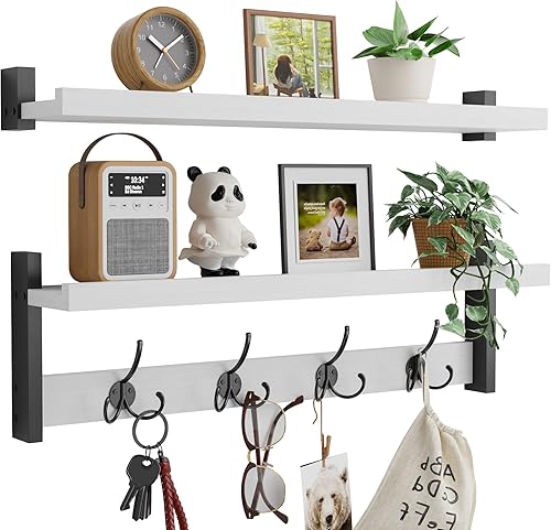 Ganchos de pared de 2 niveles con estantes, perchero de madera blanca con estante montado en la pared, estantes flotantes para entrada de 24