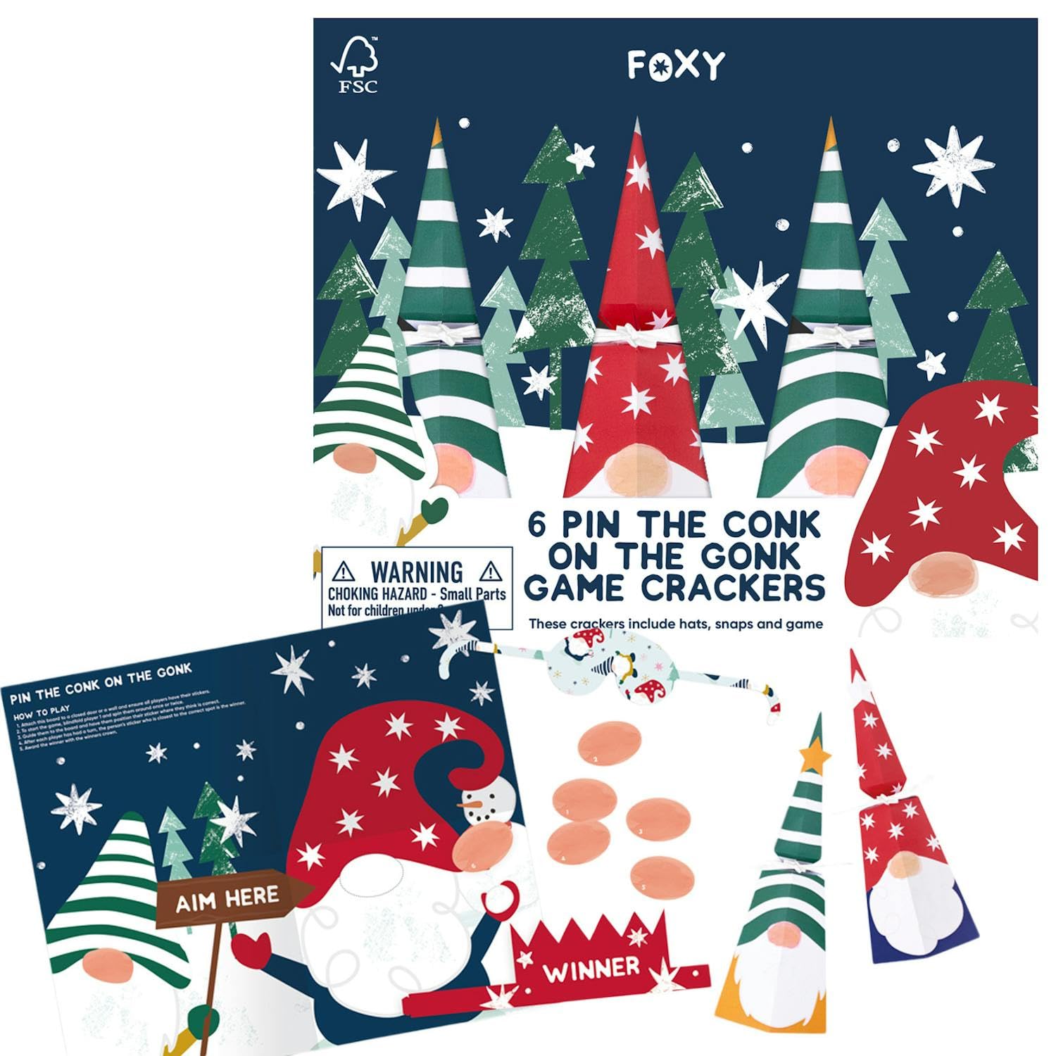 Celebration Crackers Foxy Pin the Conk on the Gonk Family Game Christmas Crackers - 6x 8.5-Inch - FSC Certified, Recyclable Packaging, Unique Standing Design