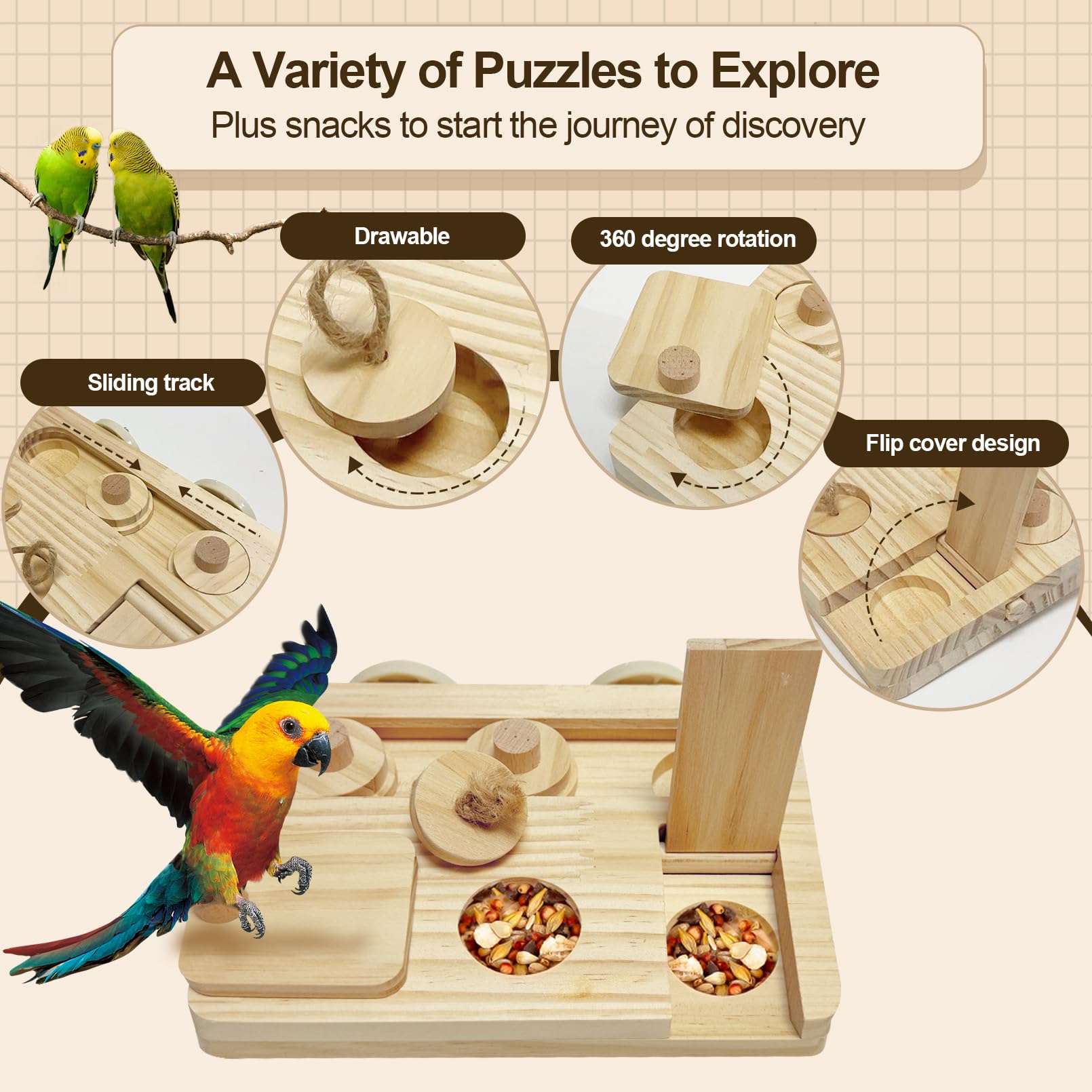 2PCS Wooden Bird Foraging Puzzle Toys Interactive Parakeet Enrichment Foraging Toy for CageBird Slow Feeder Parrot Chewing Toy for Pets, Bird Perches Stand for Sun Conure and Small Sized Birds - image 3