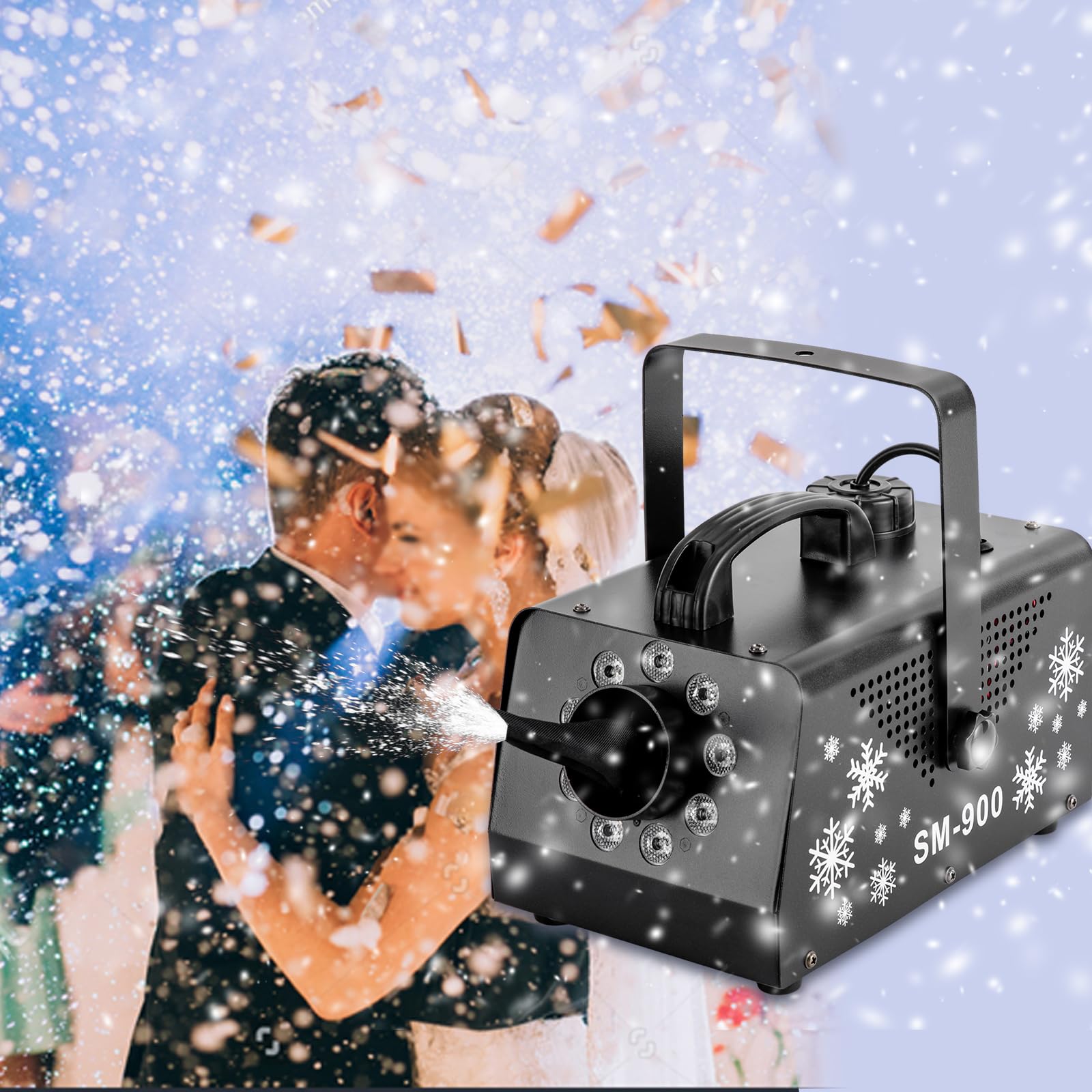 Macchina della neve con telecomando da 900 W - Cannone da neve portatile con 9 luci LED RGB, serbatoio da 1 litro, incluso gancio per Halloween, Natale, matrimoni, feste e palchi DJ 220-240V