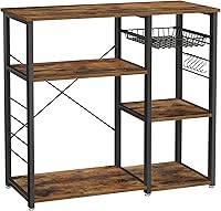 VASAGLE UKKS90X Baker's Rack with Charging Station, 33" Coffee Bar Stand, Adjustable Shelves, Pull-Out Basket, Microwave Table - Rustic Brown/Black
