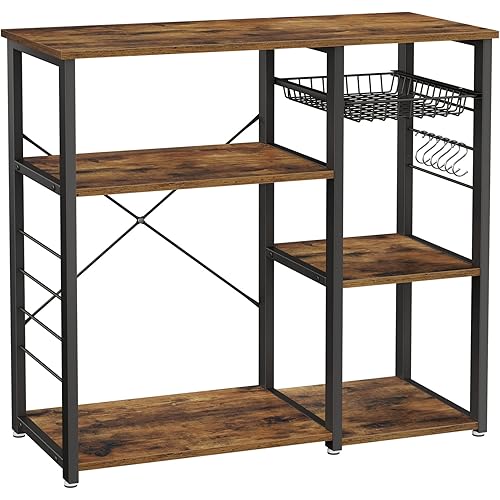 VASAGLE ALINRU Kitchen Baker’s Rack, Coffee Bar, Microwave Oven Stand, with Steel Frame, Wire Basket, 6 Hooks, 35.4", Rustic Brown