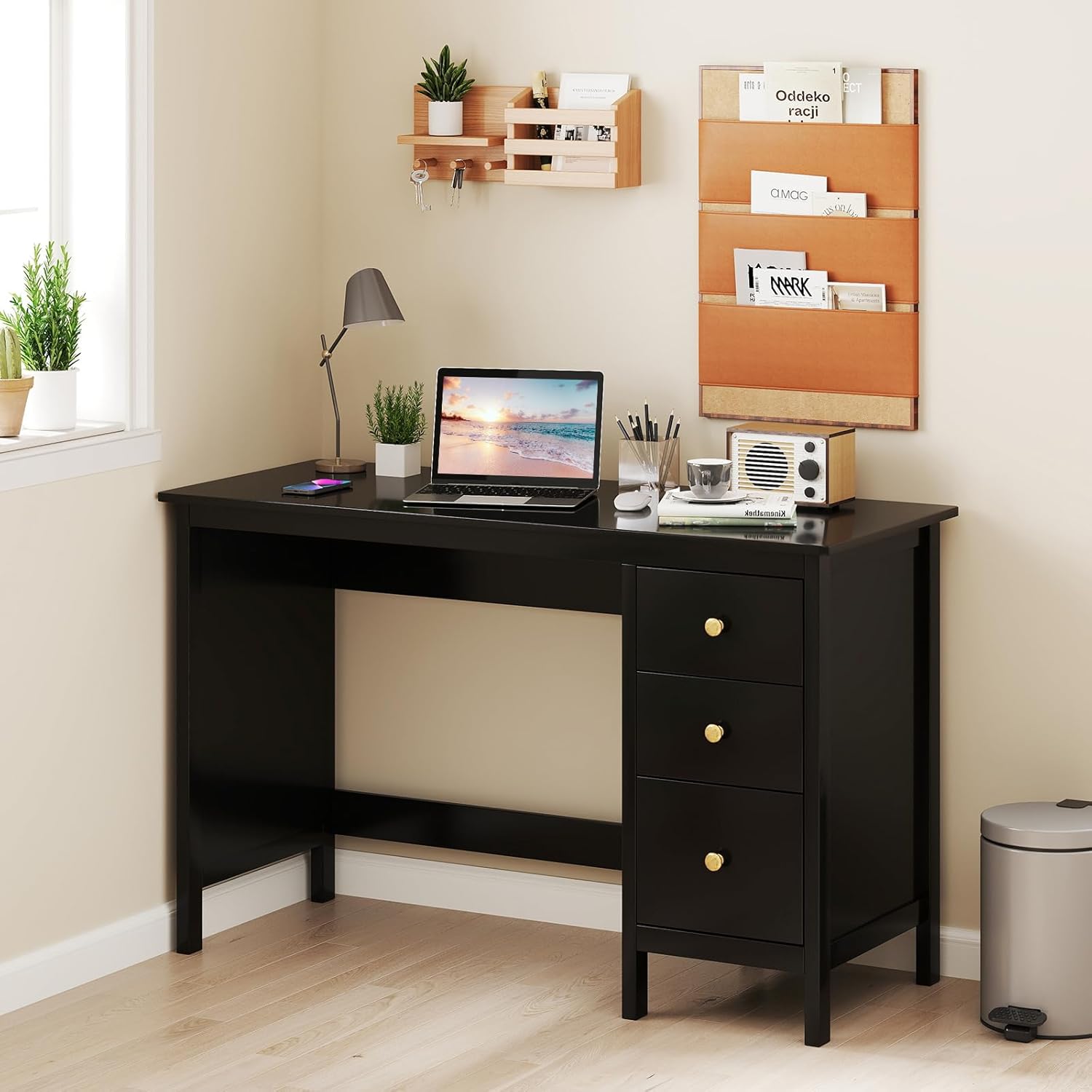 LDAILY Computer Desk with 3 Drawers, 48’’ Office Desk with Large Storage Drawers, Spacious Desktop, Modern Gaming Desk, Study Writing Table for Bedroom, Home Office, Study Room (Black)