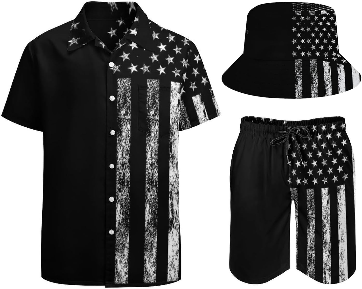 3 Piece Men's Hawaiian Shirts and Shorts Set Hawaii Beach Suits with Bucket Hats