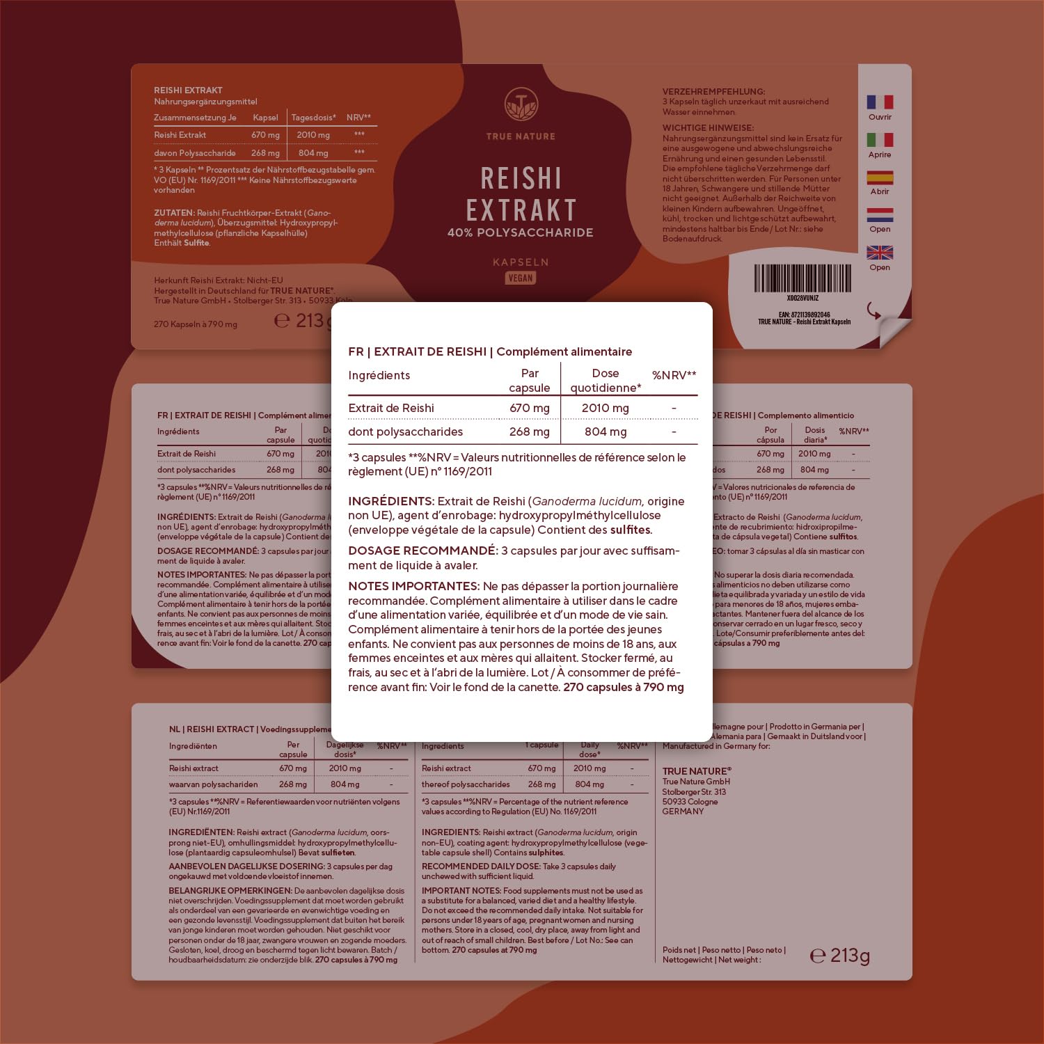 Reishi Ganoderma Lucidum - 270 Gélules - 20.100mg/jour, Extra Concentré (5:1) - 40% Polysaccharides - Immunité & Énergie - Sans Additifs, Gluten & Lactose - TRUE NATURE