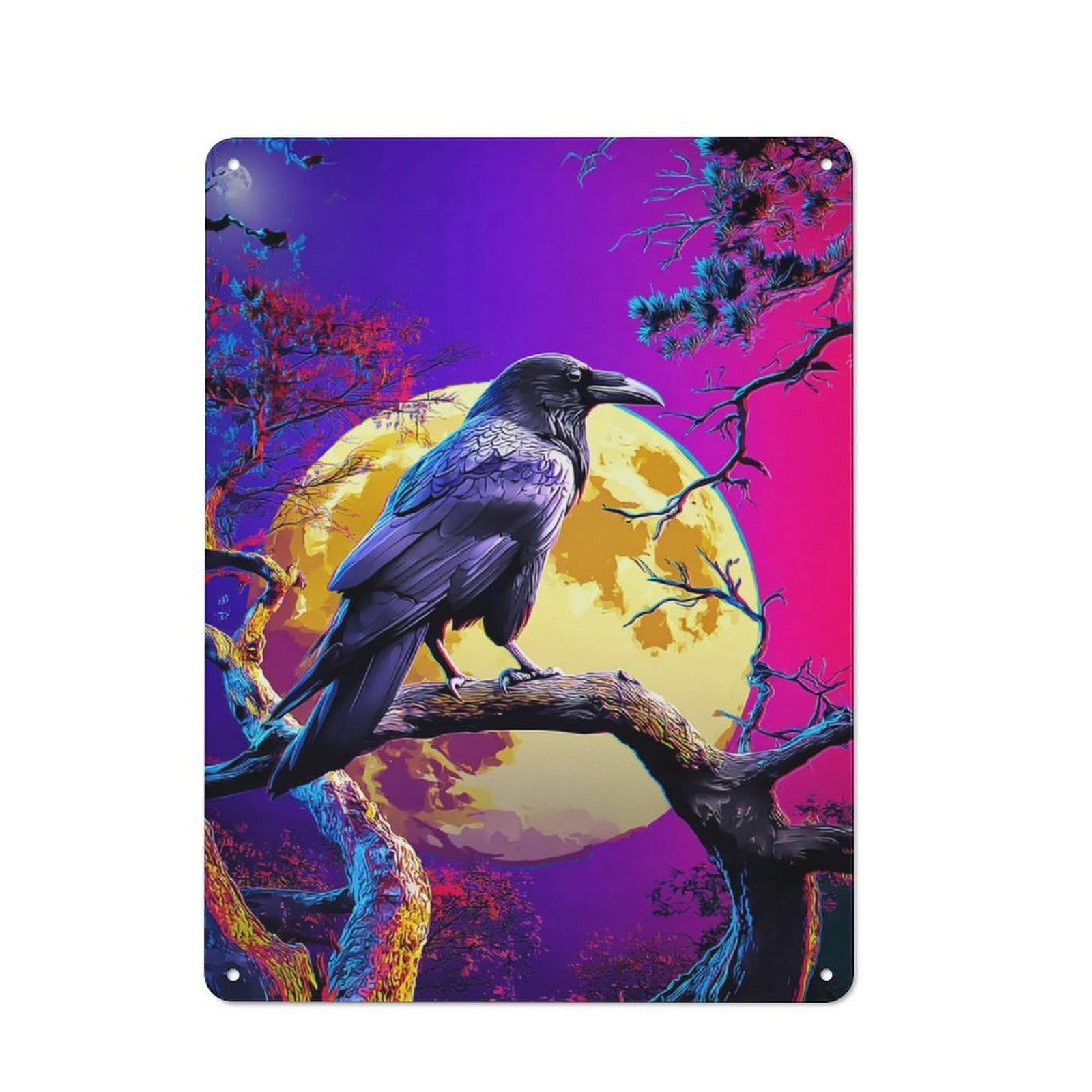 Junmoney Crow Perched On Moonlit Branch Retro-Style Tin Sign 40X30cm For Kitchen Or Home Bar, Suited To Kitchen Decor Lovers