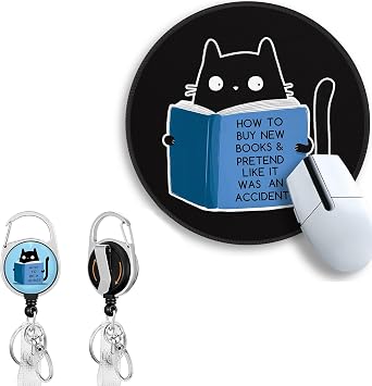 Bookish Black Cat Reading Desk Set Round Mouse Pad with Precision Stitching + Retractable Badge Reel with 360 Swivel Clip & Key Ring, Waterproof & Portable Office Gifts