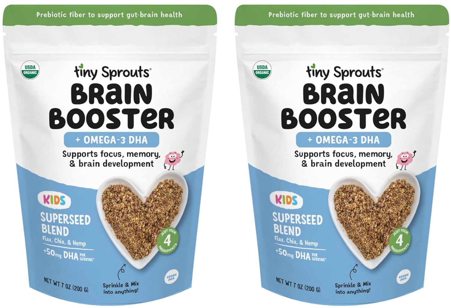 Tiny Sprouts Organic Milled Flax, Chia & Hemp Seeds Brain Booster + Vegan Omega-3 DHA | Kids Focus, Learning & Cognitive Support | Prebiotic Fiber, Protein, Iron, Zinc | Gluten-Free Plant-Based Superseed Blend | 7 oz x 2 Pack
