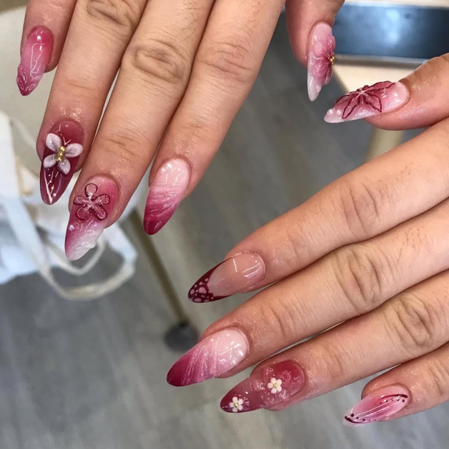 Gradient Press on Nails Medium Almond Shaped False Nails with 3D Flower Butterfly Designs French Tip Handmade Press on Nails Full Cover Acrylic Nails