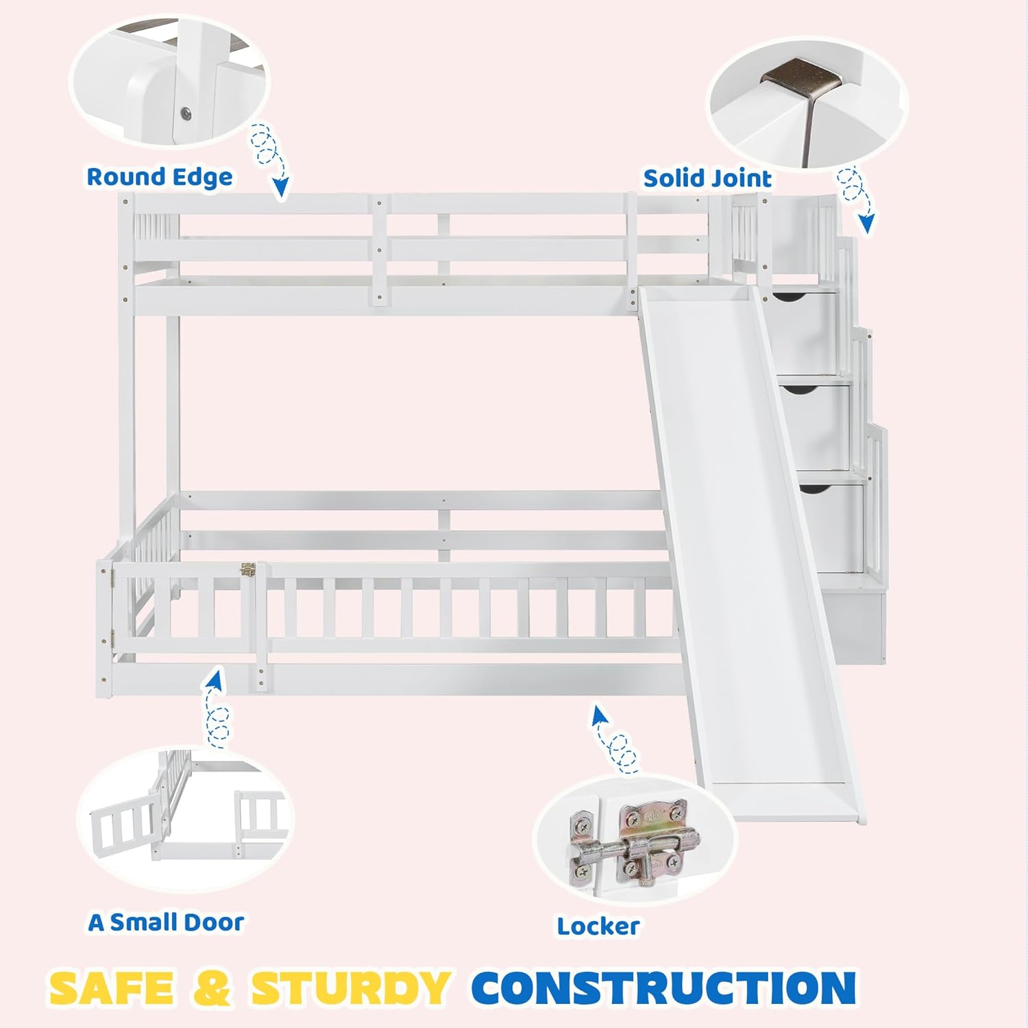 Twin Over Full Bunk Beds with Slide and Stairs, Floor Bunk Bed Frame with Rails, Convertible Wood Loft Bed with Storage Staircase for Kids Boys Girls, White