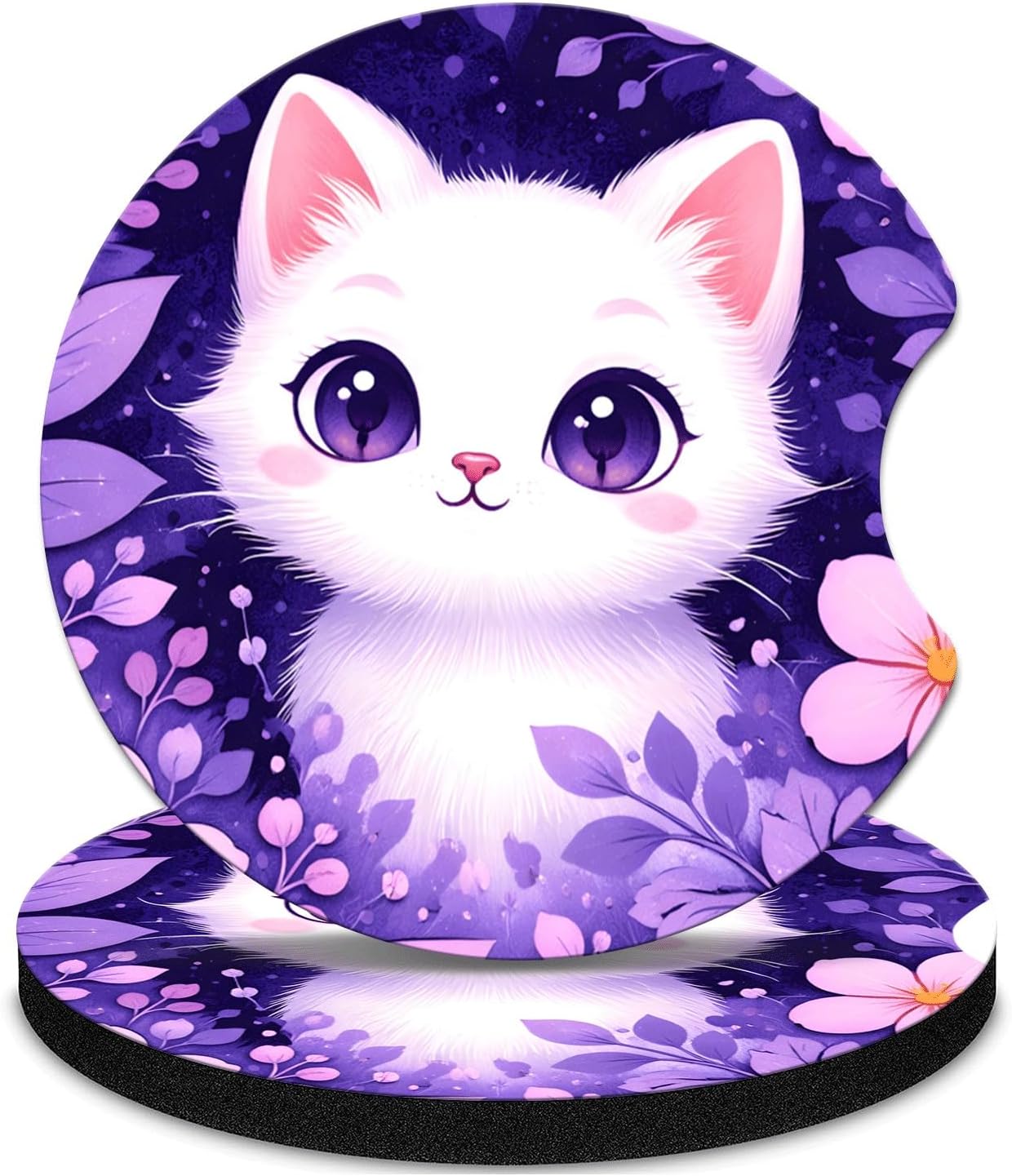 Lavender Kitty Car Coasters for Cup Holders 2-Pack 2.56 Inch