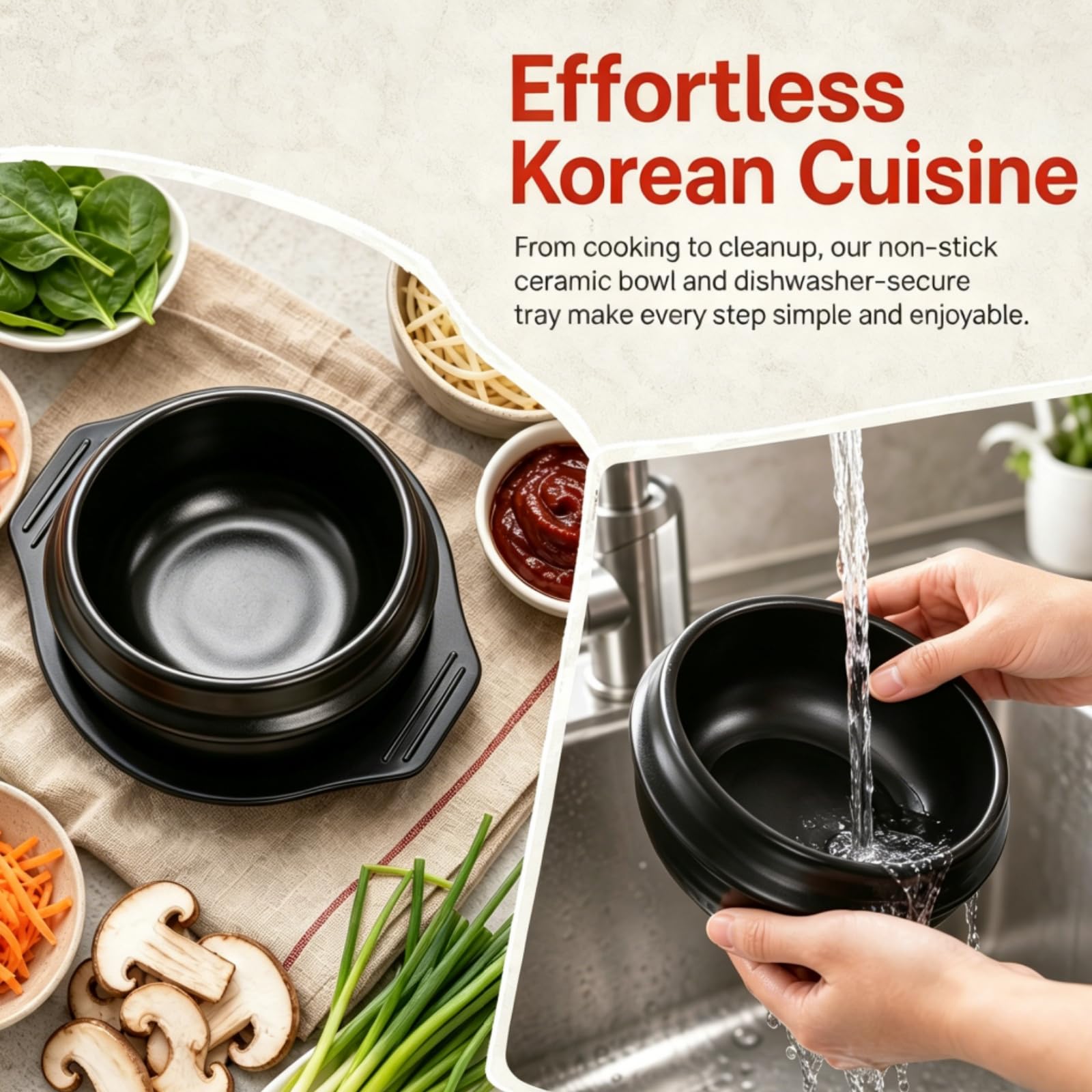 Bol en pierre coréenne de 1 050 ml avec plateau | Dolsot Bibimbap Ensemble de casseroles en céramique pour restaurants, riz, soupe, nouilles