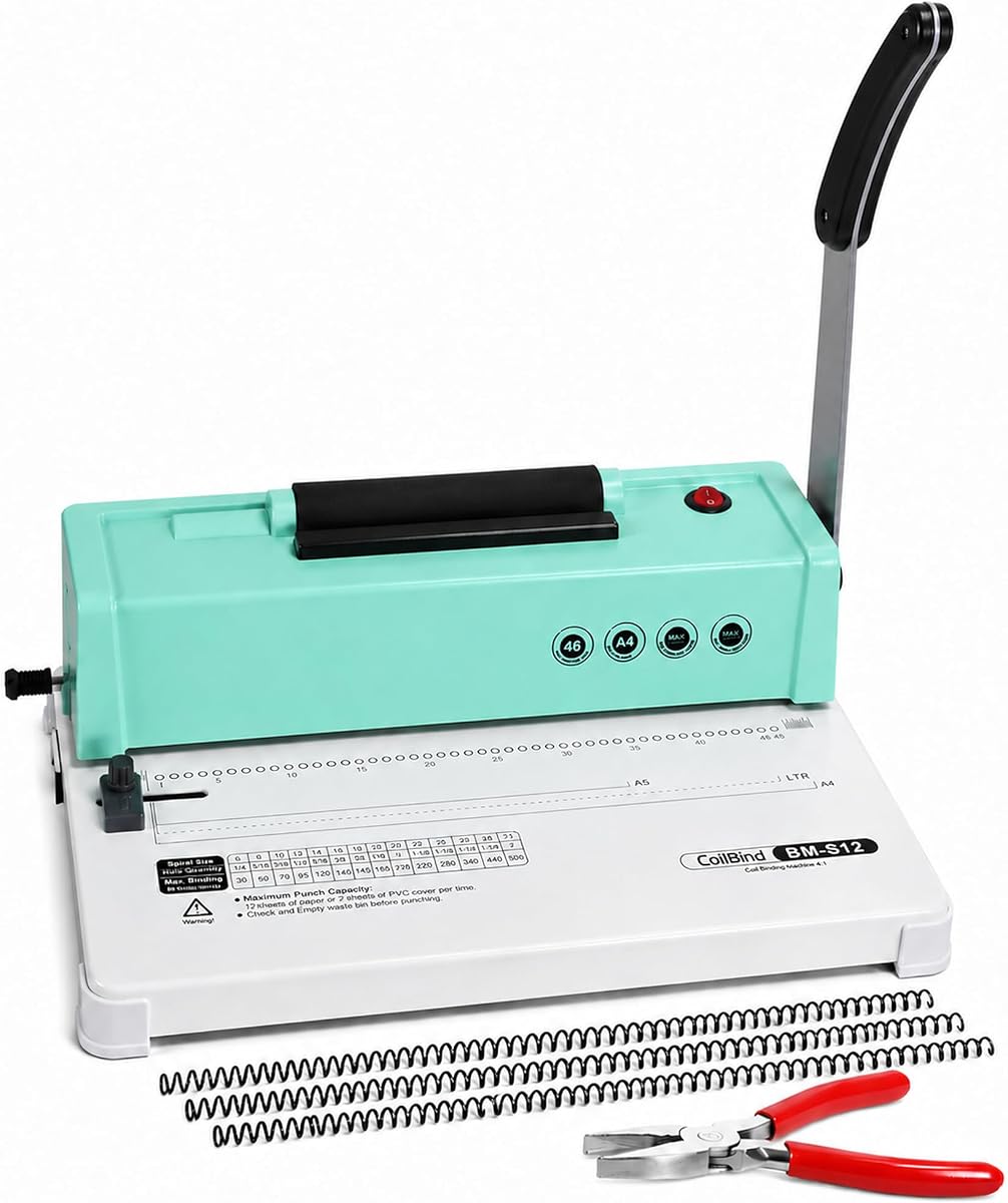 Spiral Coil Binding Machine, 12 Sheets Punch Capacity, Electric Coil Insert, Book Binder Machine for Letter/A4/A5/ Size Paper, with 100pcs 5/16'' Coils & Plier