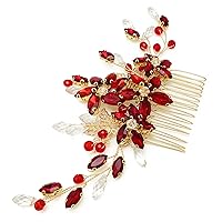 Vista 4 de BETITETO Pieza de pelo de novia de cristal rojo con peine de flores de vid dorada, accesorios para el cabello para bodas, mujeres y niñas