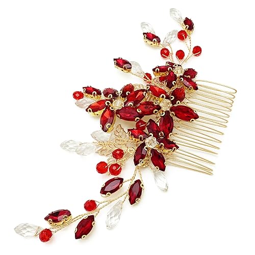 Miniatura 4 de BETITETO Pieza de pelo de novia de cristal rojo con peine de flores de vid dorada, accesorios para el cabello para bodas, mujeres y niñas (dorado,