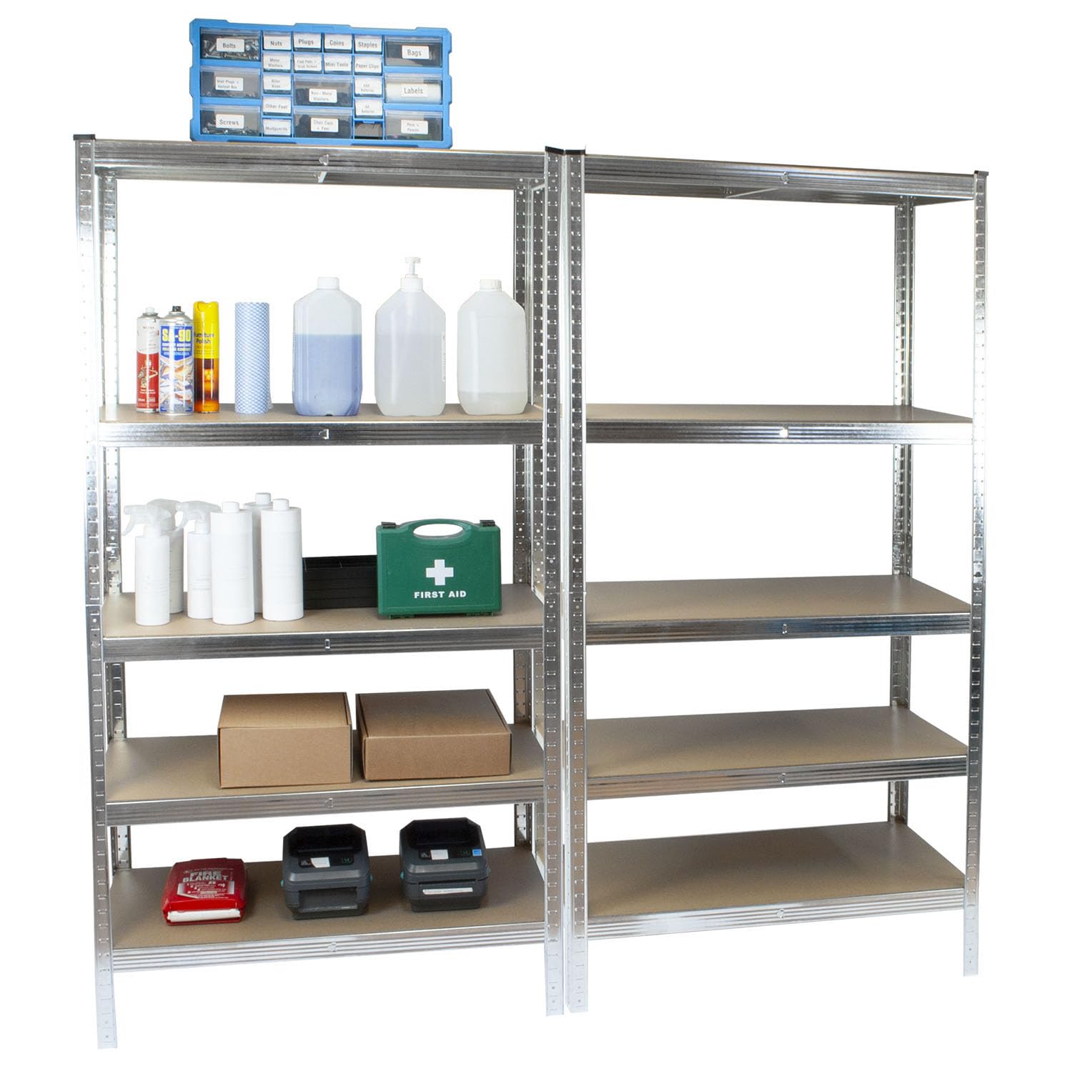 TekBox 5 Tier Shelving Unit Boltless Silver Garage Storage Metal Shelves Rack (2, Silver)