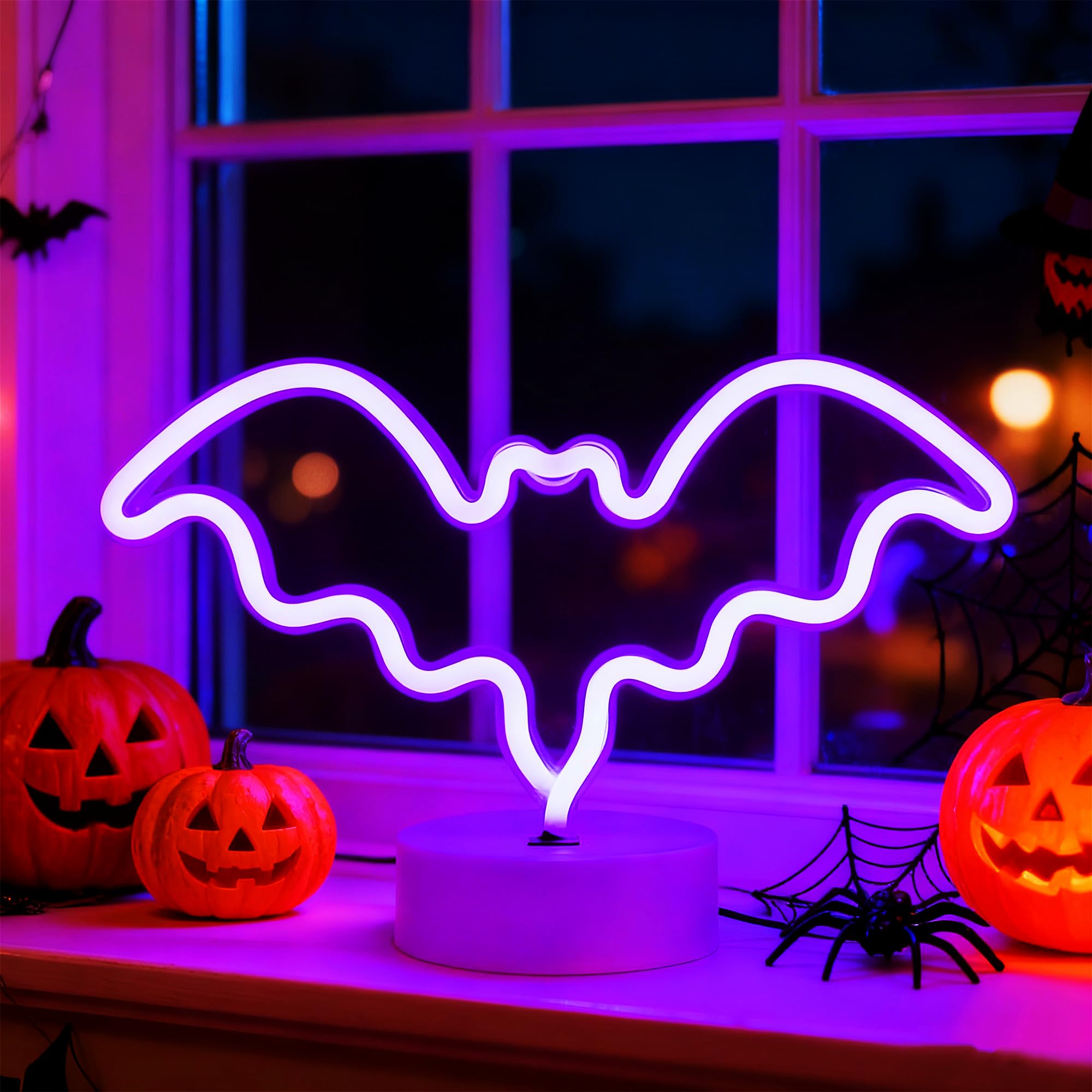 LED Purple Neon Sign Battery/USB Powered Halloween Bat Shape Neon Lamp With Base for Bedroom Bar Office Desk Halloween Decorations(28x10x18cm/11x3.9x7In) — image 1