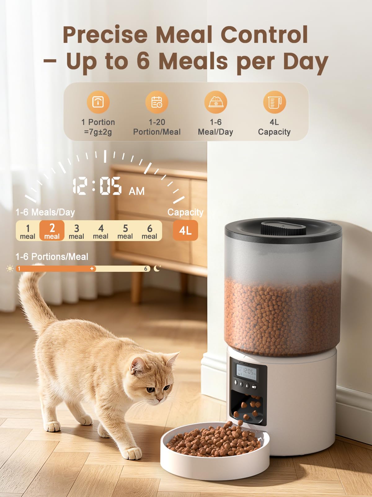 Distributore Automatico Cibo Gatti 4L Dispenser Crocchette Gatto con Timer Programmabile e Schermo LCD Distributore Cibo Gatti con Registrazione Vocale 10s fino a 1-6 Pasti Giornalieri