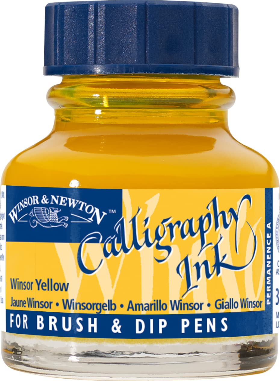 Winsor & Newton 1111730 Kalligraphie Tuschen (für Füllfederhalter oder Schreibfedern, untereinander mischbar, lichtecht, beständige Farbe) 30 ml Flasche winsorgelb
